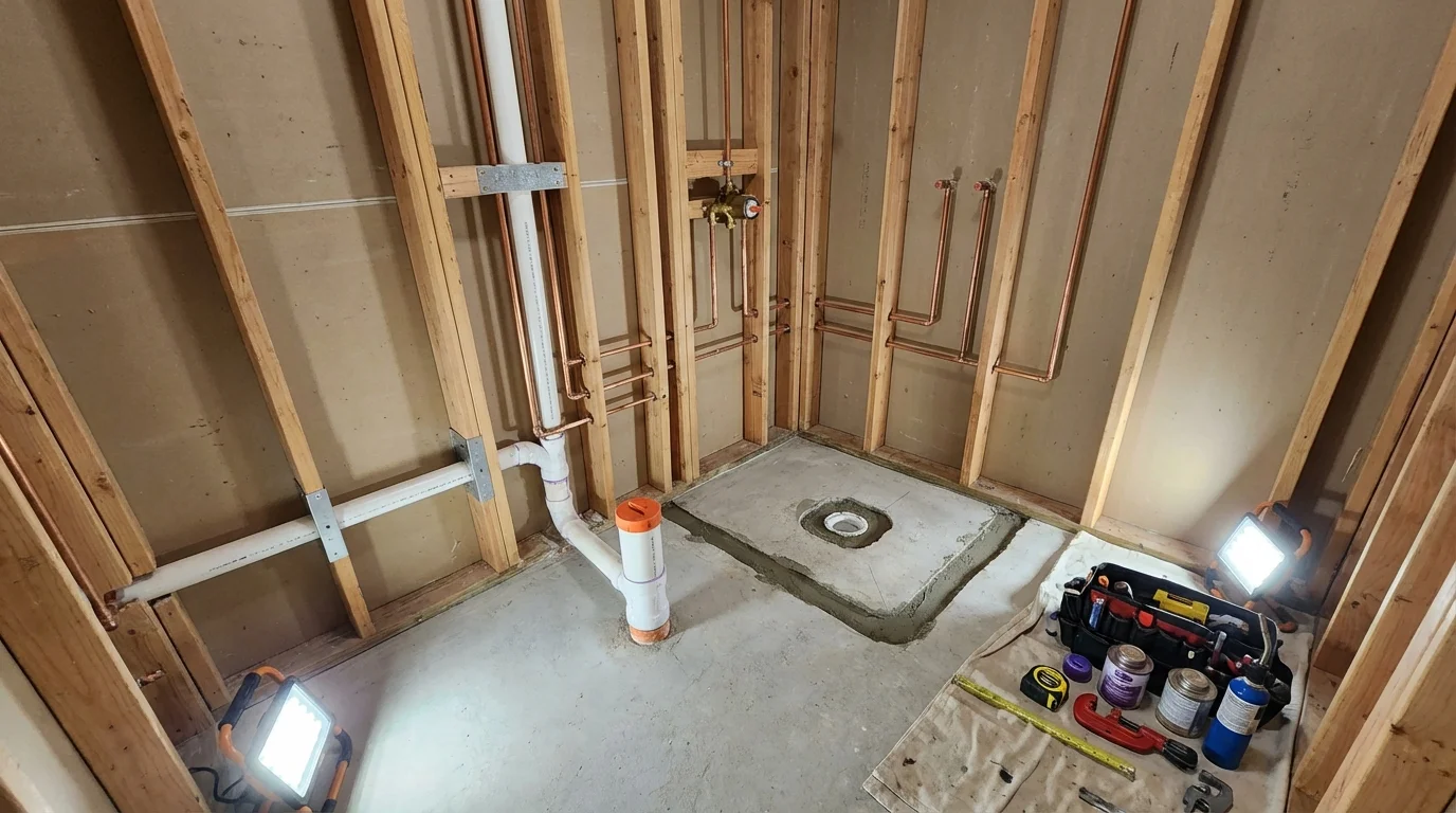 Bathroom rough-in plumbing during remodel by Johns Plumbing LLC in Cibolo