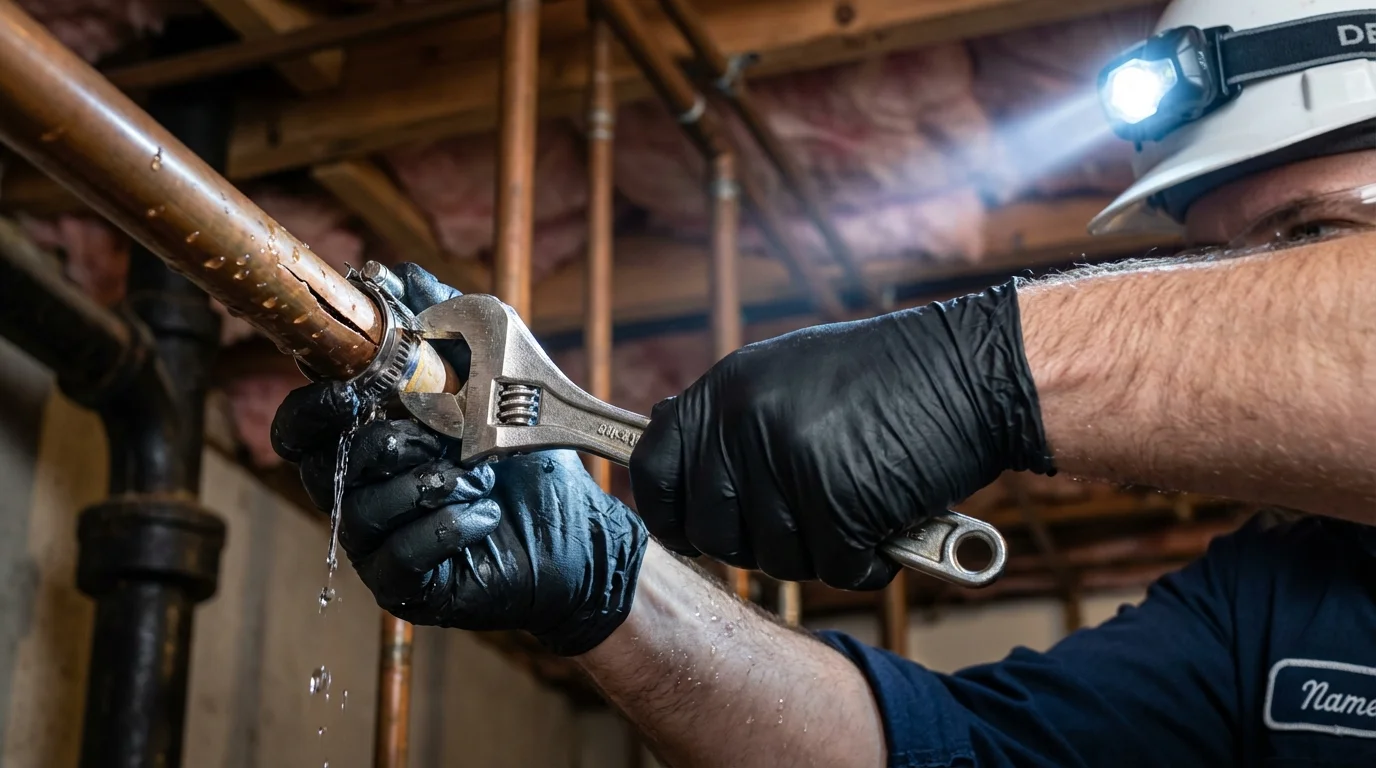 Emergency pipe clamp repair being performed by a Johns Plumbing LLC plumber in Cibolo