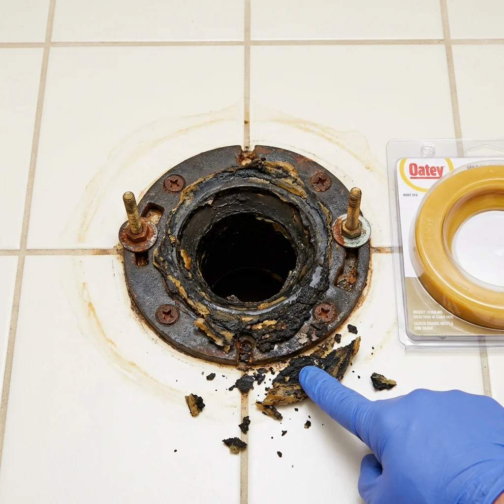 Failed wax ring showing water seepage at the base of a toilet in a Cibolo, TX home