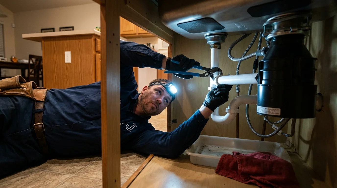 P-trap and supply line connections under a kitchen sink showing a common leak point in Cibolo, TX
